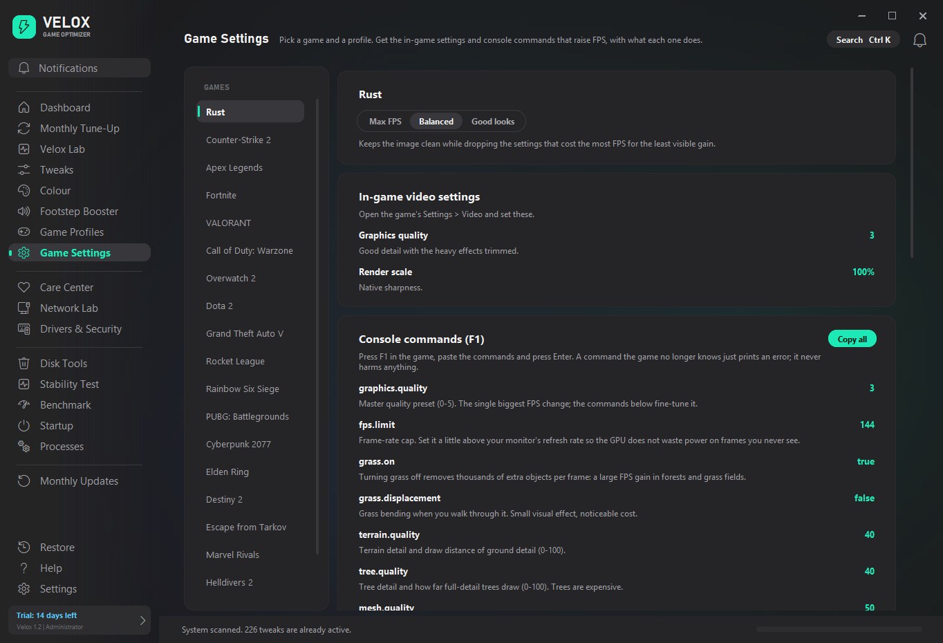 Game Settings page